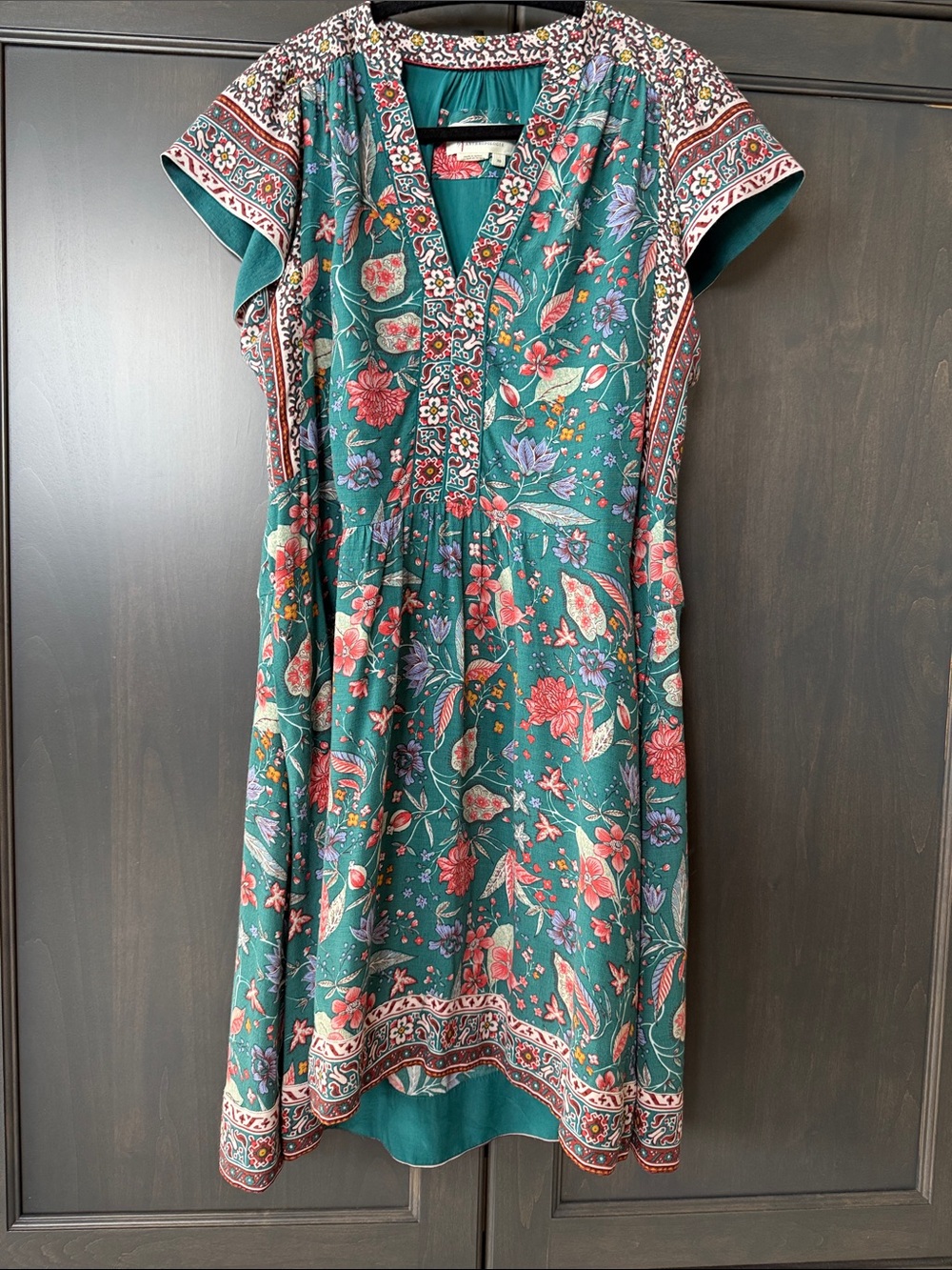 Anthropologie Teal Floral V-Neck Midi Dress